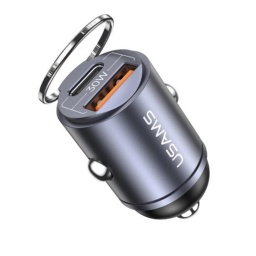 Cargador Auto Mini C38   30W USB A + USB C  C/Anillo  Negro  CC206  USAMS